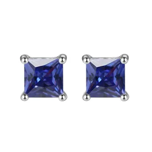 10k White Gold Plated 2 Carat Square Created Blue Sapphire Stud Earrings