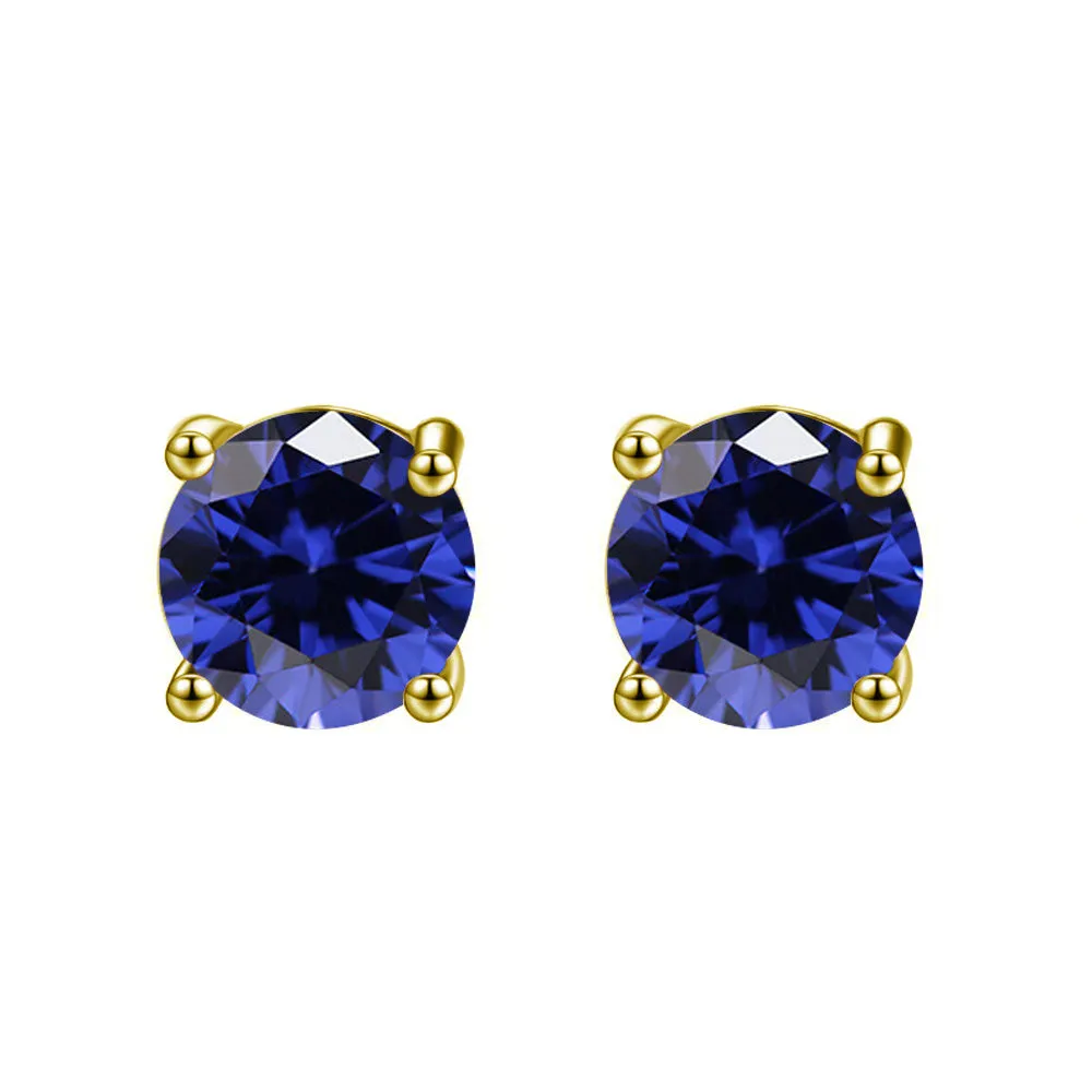 10k Yellow Gold Plated 4 Ct Round Created Blue Sapphire Stud Earrings