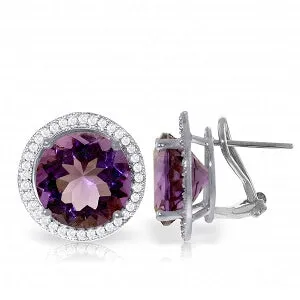 12.4 Carat 14K Solid White Gold French Clips Earrings Diamond Amethyst