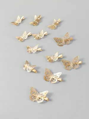 12pcs Gold-tone Hollow Butterfly Decor Hair Clip for Women Barrette Styling Hair