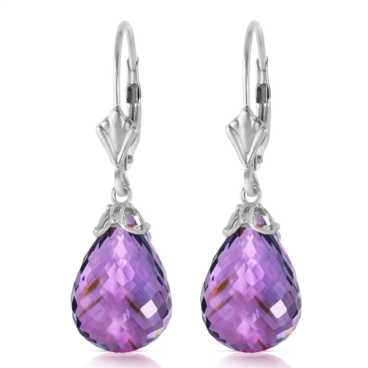 14 Carat 14K Solid White Gold Leverback Earrings Briolette Amethyst