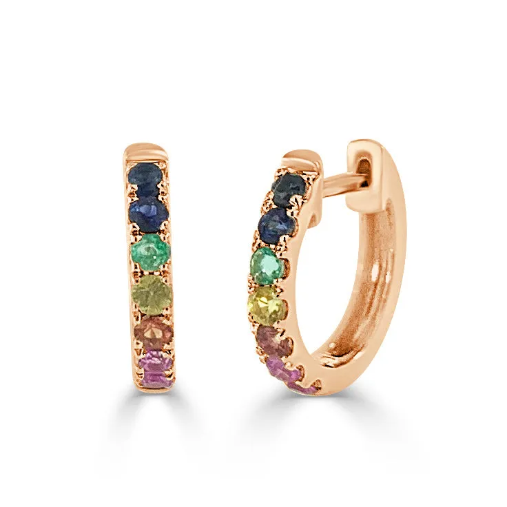 14k Gold & Rainbow Sapphire Huggie Earrings