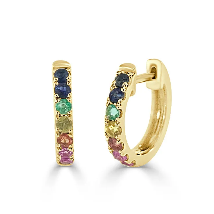 14k Gold & Rainbow Sapphire Huggie Earrings