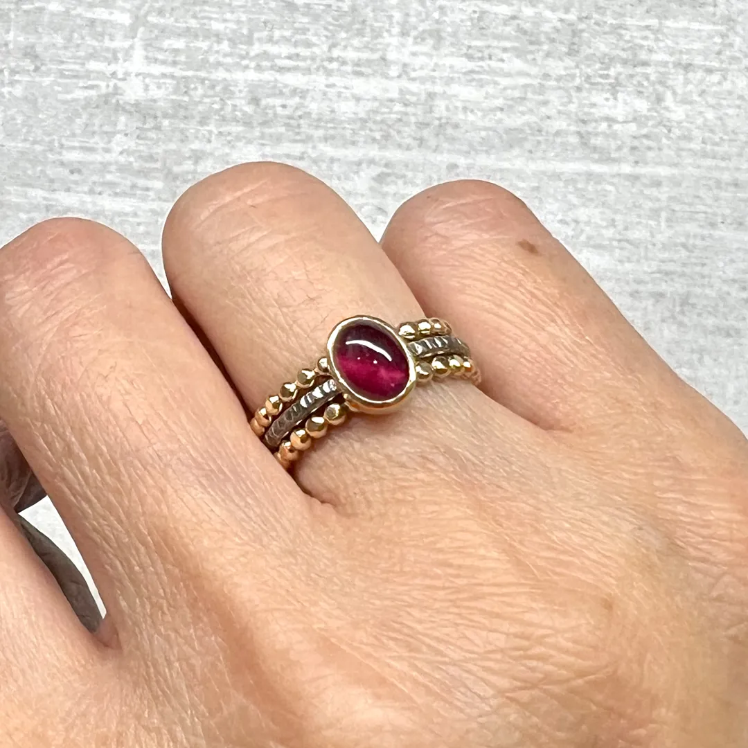 14k Gold and Ruby Stacking Ring with Darkened Silver