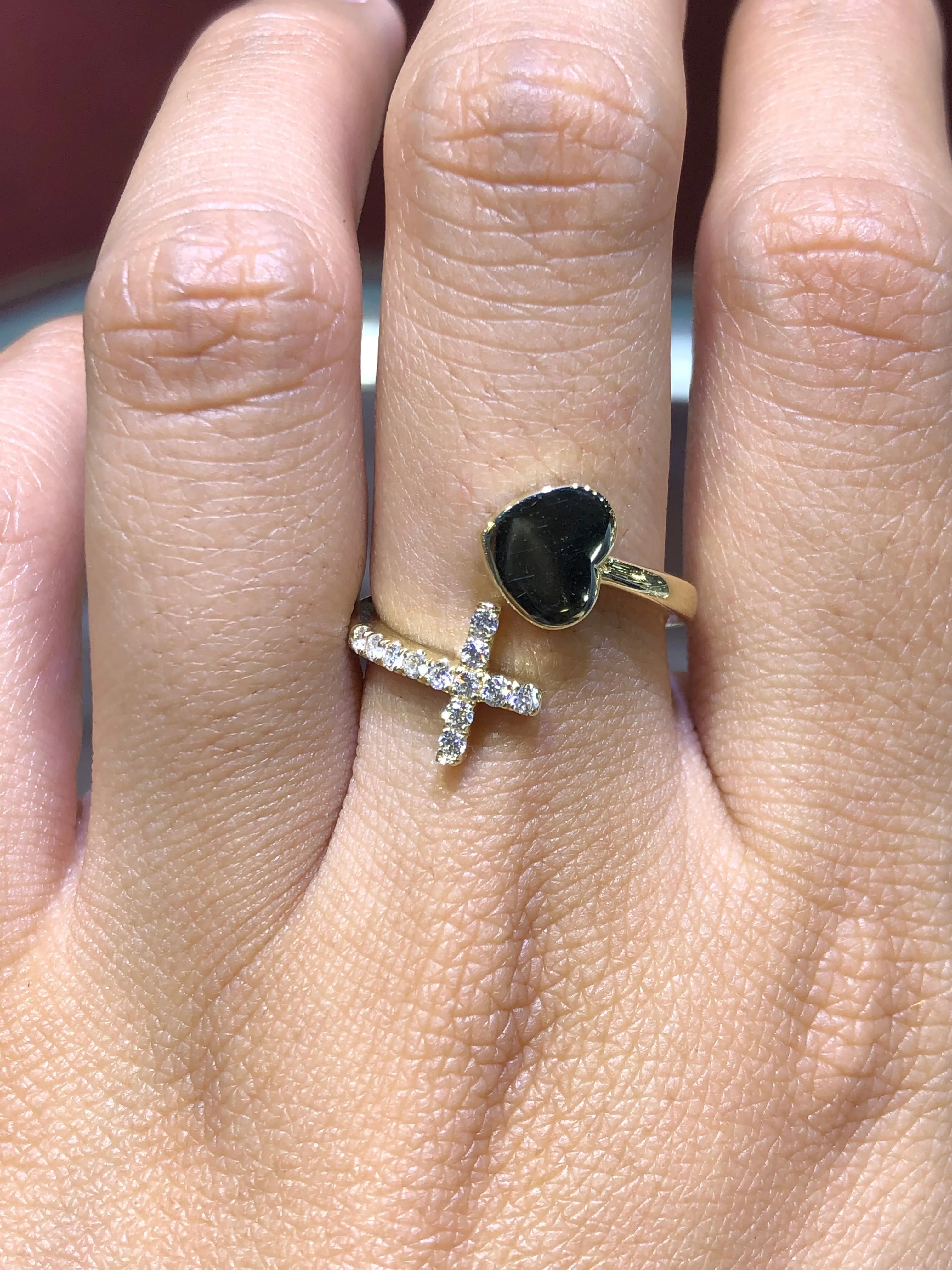 14K Gold Heart and Diamond Cross Ring