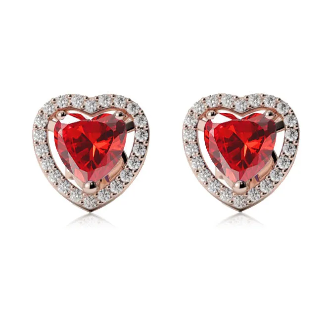 14k Rose Gold Plated 2 Ct Created Halo Heart Ruby Stud Earrings