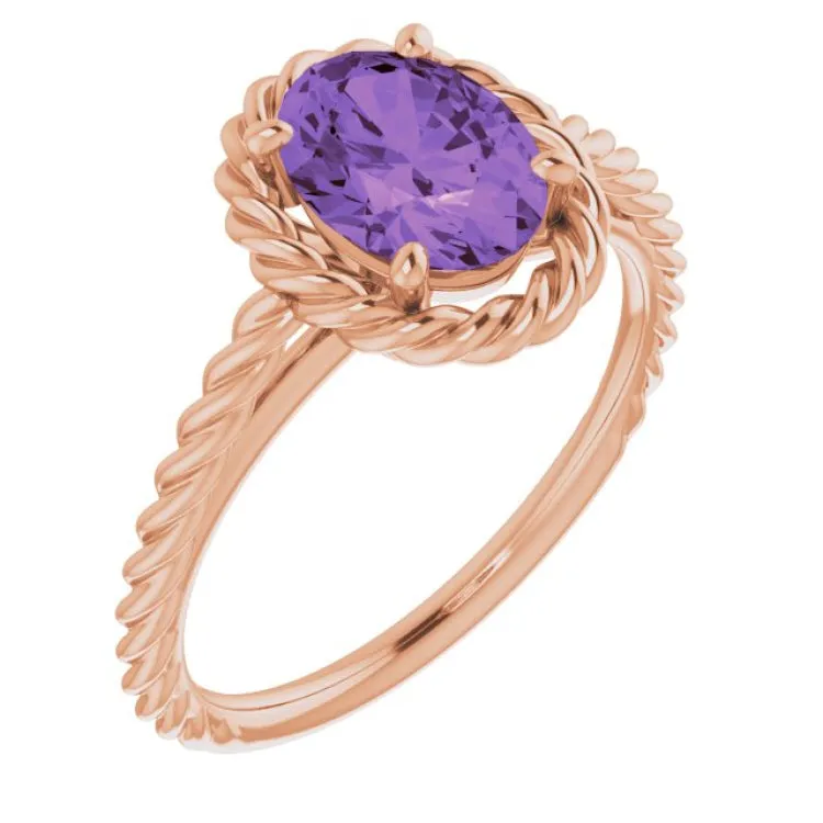 14K Rose Natural Amethyst Rope Ring