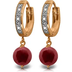 14K Solid Rose Gold Hoop Diamond & Ruby Earrings Certified