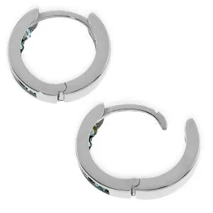 14K Solid White Gold Hoop Huggie Earrings w/ Green Sapphires