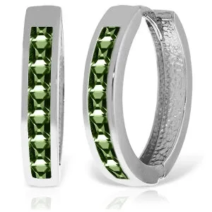 14K Solid White Gold Hoop Huggie Earrings w/ Green Sapphires