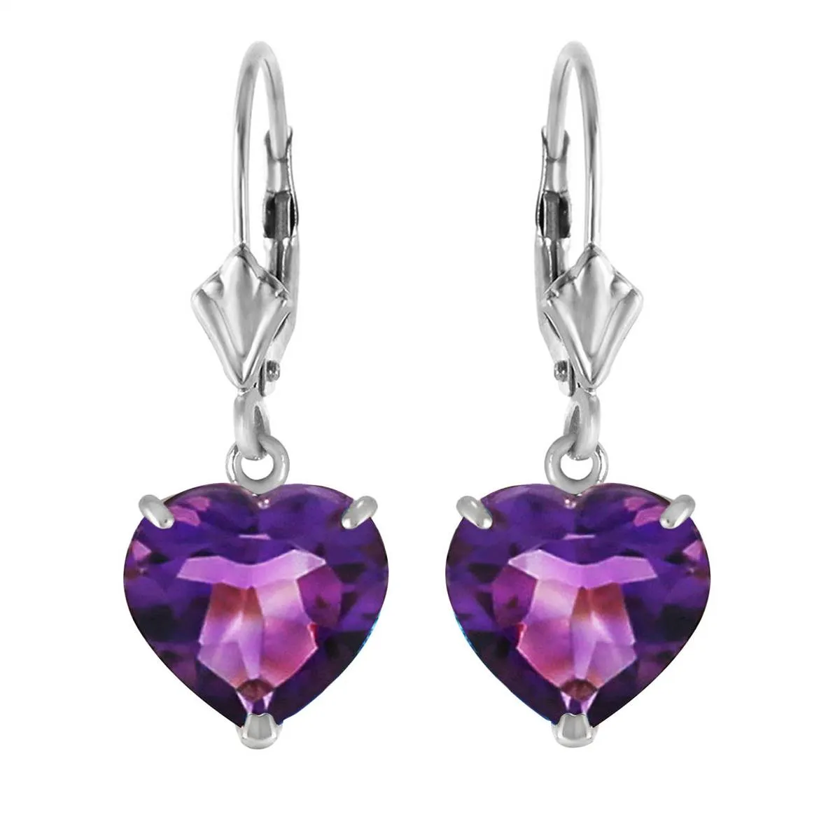 14K Solid White Gold Leverback Earrings Natural 10mm Heart Amethysts