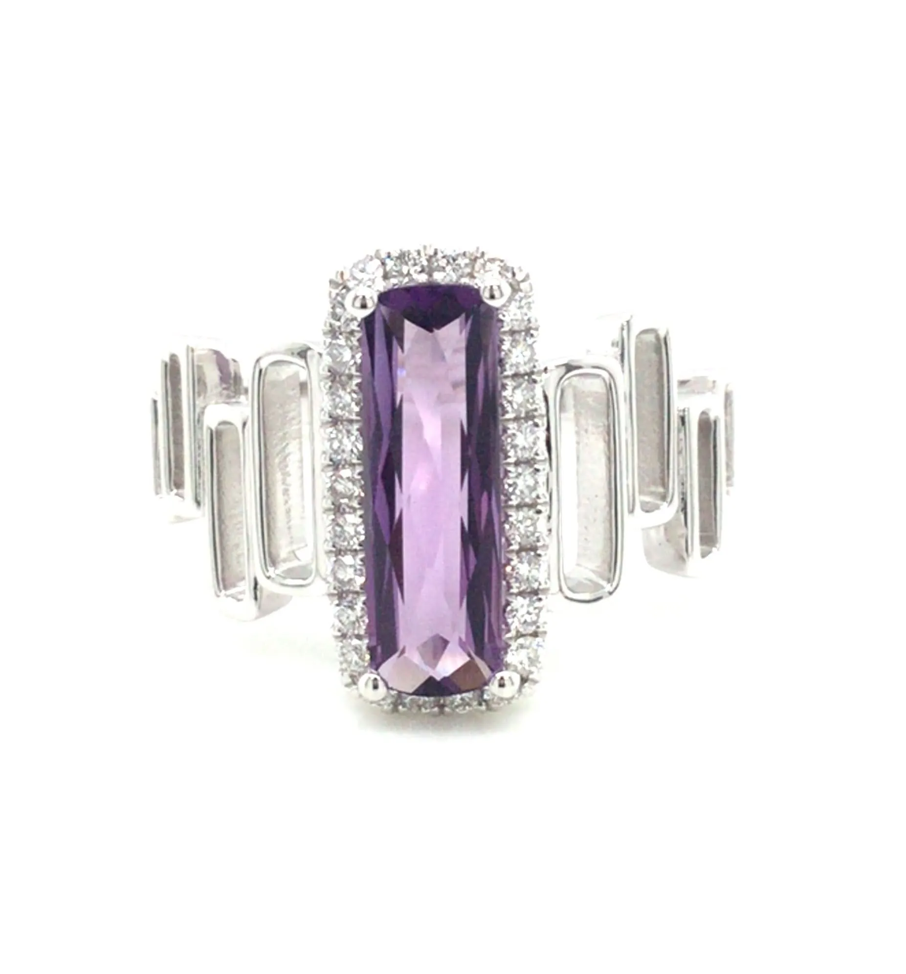 14K White Classic Amethyst and Natural Diamond Ring Size 6.5