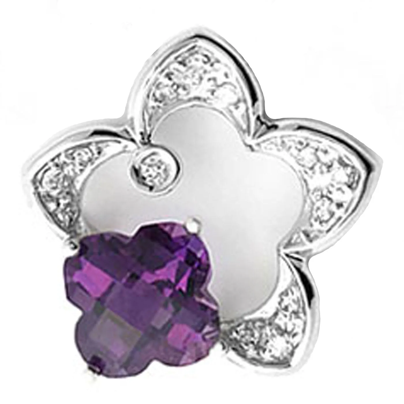 14k White Gold Clover Shape Amethyst and Diamond Star Pendant