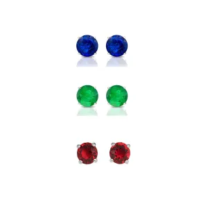 14k White Gold Plated 2Ct Created Blue Sapphire, Emerald and Ruby 3 Pair Round Stud Earrings