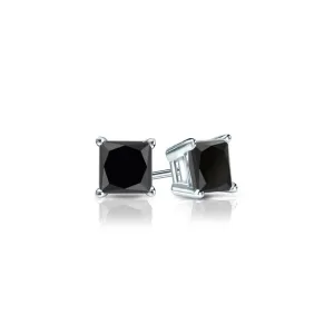 14k White Gold Plated 3 Carat Princess Cut Created Black Sapphire Stud Earrings