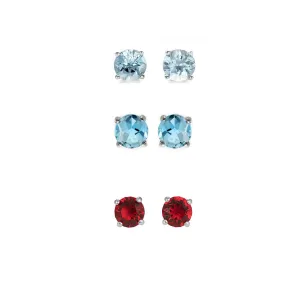 14k White Gold Plated 3Ct Created Aquamarine, Blue Topaz and Ruby 3 Pair Round Stud Earrings