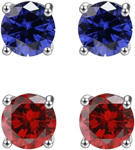 14k White Gold Plated 3Ct Created Blue sapphire and  Ruby 2 Pair Round Stud Earrings