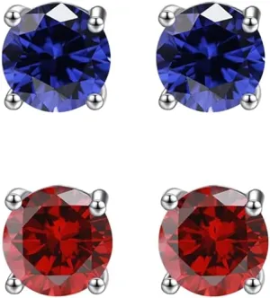 14k White Gold Plated 3Ct Created Blue sapphire and  Ruby 2 Pair Round Stud Earrings