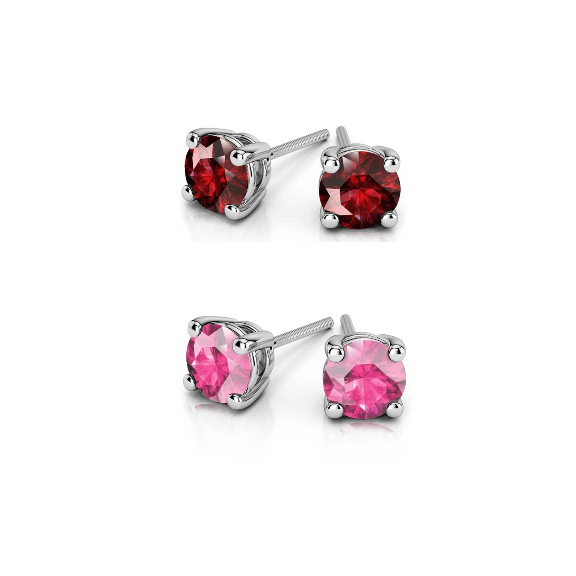 14k White Gold Plated 4Ct Created Ruby and Pink Sapphire 2 Pair Round Stud Earrings