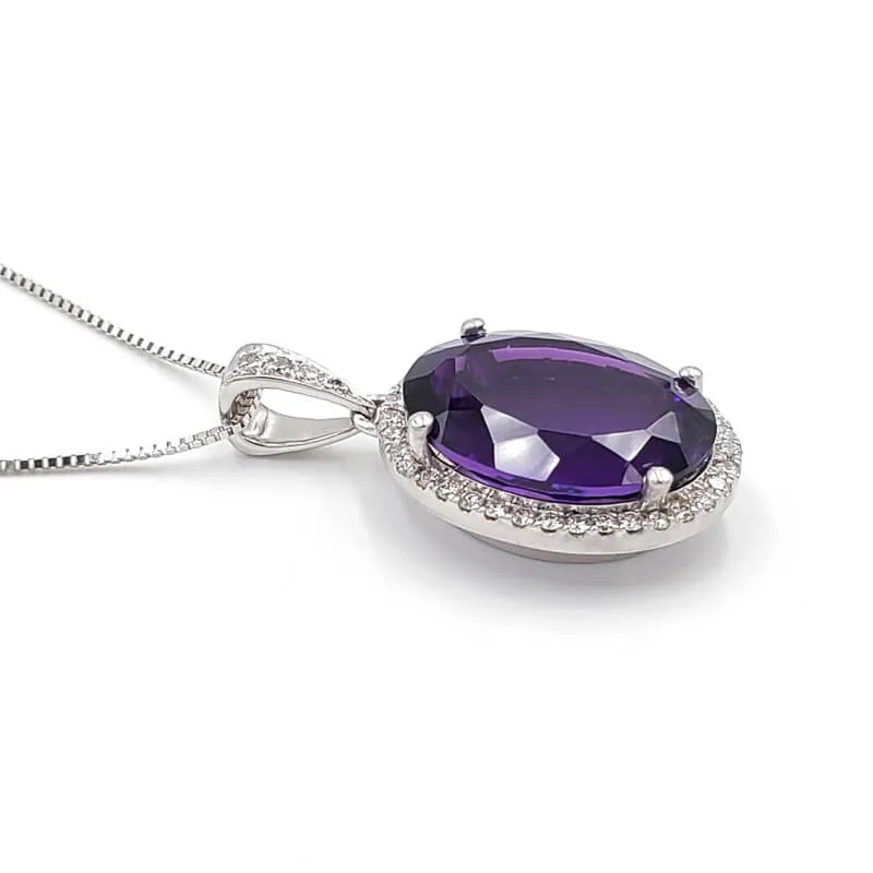 14K Whtie Gold Diamond Amethyst Pendant