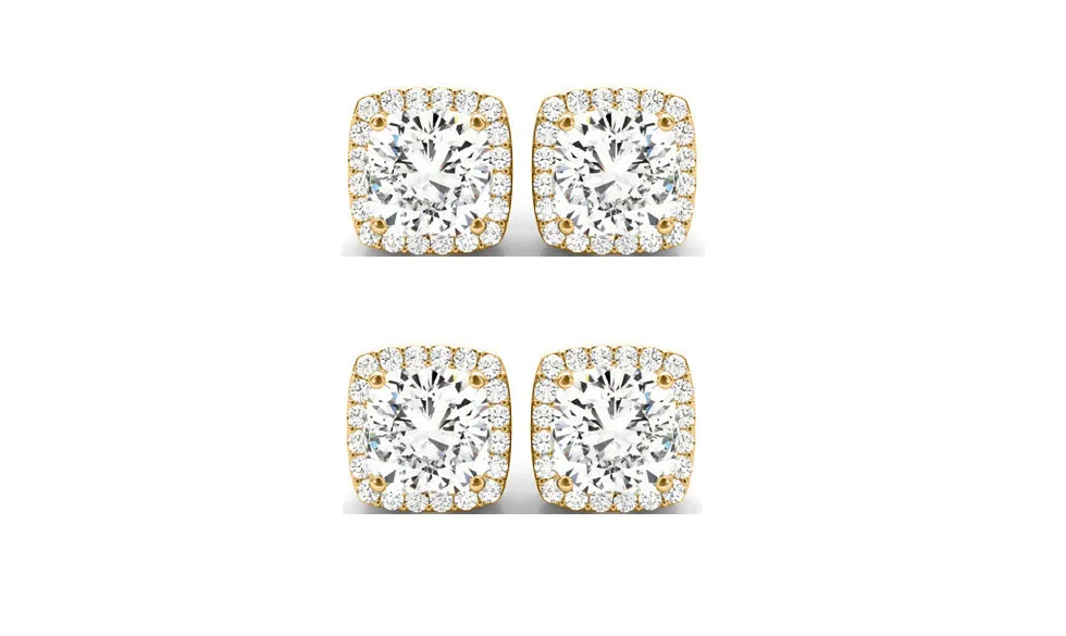 14k Yellow Gold 1Ct Cushion Cut White Sapphire Set Of Two Halo Stud Earrings Plated