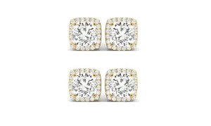 14k Yellow Gold 1Ct Cushion Cut White Sapphire Set Of Two Halo Stud Earrings Plated