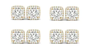 14k Yellow Gold 4mm 3Ct Cushion Cut White Sapphire Set Of Four Halo Stud Earrings Plated