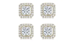 14k Yellow Gold Plated 1Ct Princess Cut White Sapphire Set of Two Halo Stud Earrings