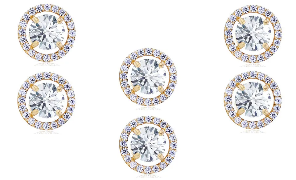 14k Yellow Gold Plated 1Ct Round White Sapphire Set Of Three Halo Stud Earrings