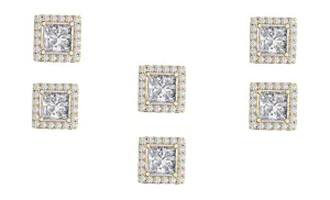 14k Yellow Gold Plated 1Ct Square Cut White Sapphire Set of Three Halo Stud Earrings