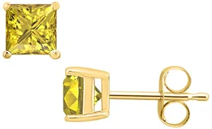 14k Yellow Gold Plated 3 Carat Princess Cut Created Yellow Sapphire Stud Earrings