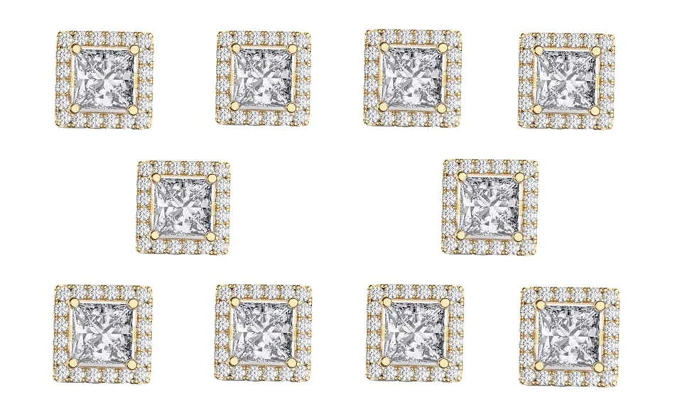 14k Yellow Gold Plated 3Ct Square Cut White Sapphire Set of Five Halo Stud Earrings