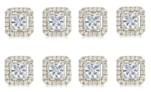 14k Yellow Gold Plated 4mm 1/2Ct Princess Cut White Sapphire Set of Four Halo Stud Earrings