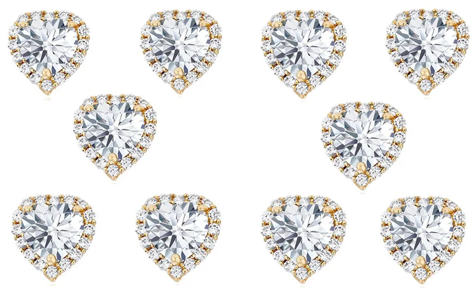 14k Yellow Gold Plated 4mm 2Ct Heart White Sapphire Set of Five Halo Stud Earrings