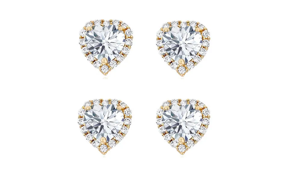 14k Yellow Gold Plated 6mm 2Ct Heart White Sapphire Set of Two Halo Stud Earrings