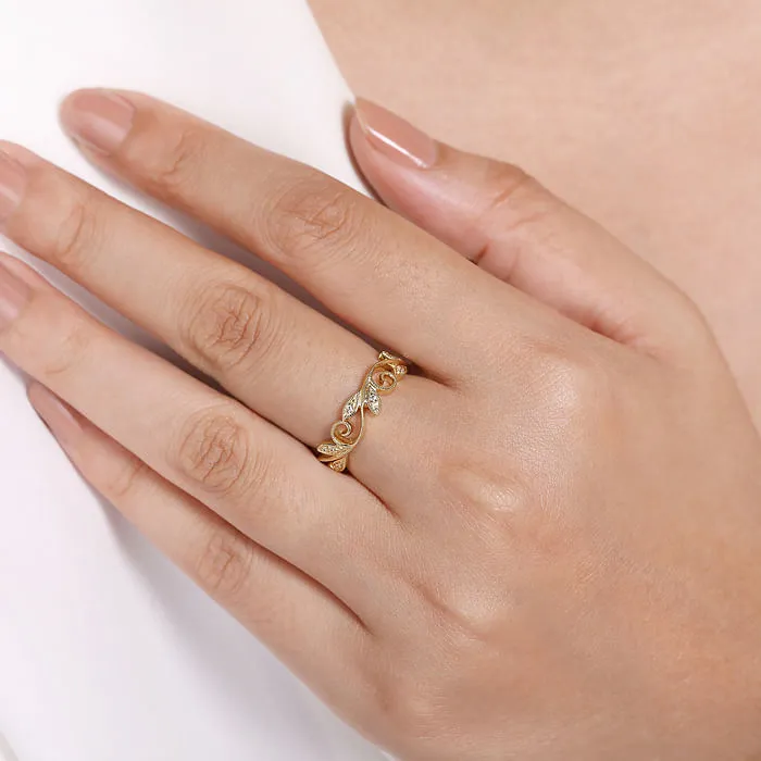 14K Yellow Gold Scrolling Floral Diamond Stackable Ring