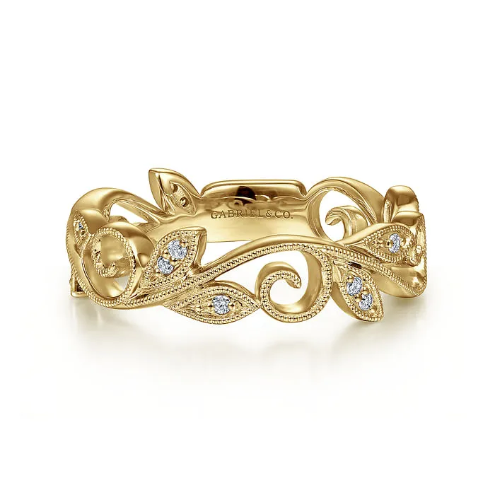 14K Yellow Gold Scrolling Floral Diamond Stackable Ring