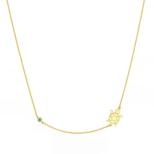 14K Yellow Gold Sideways Floating Turtle and Turq Bezel Necklace