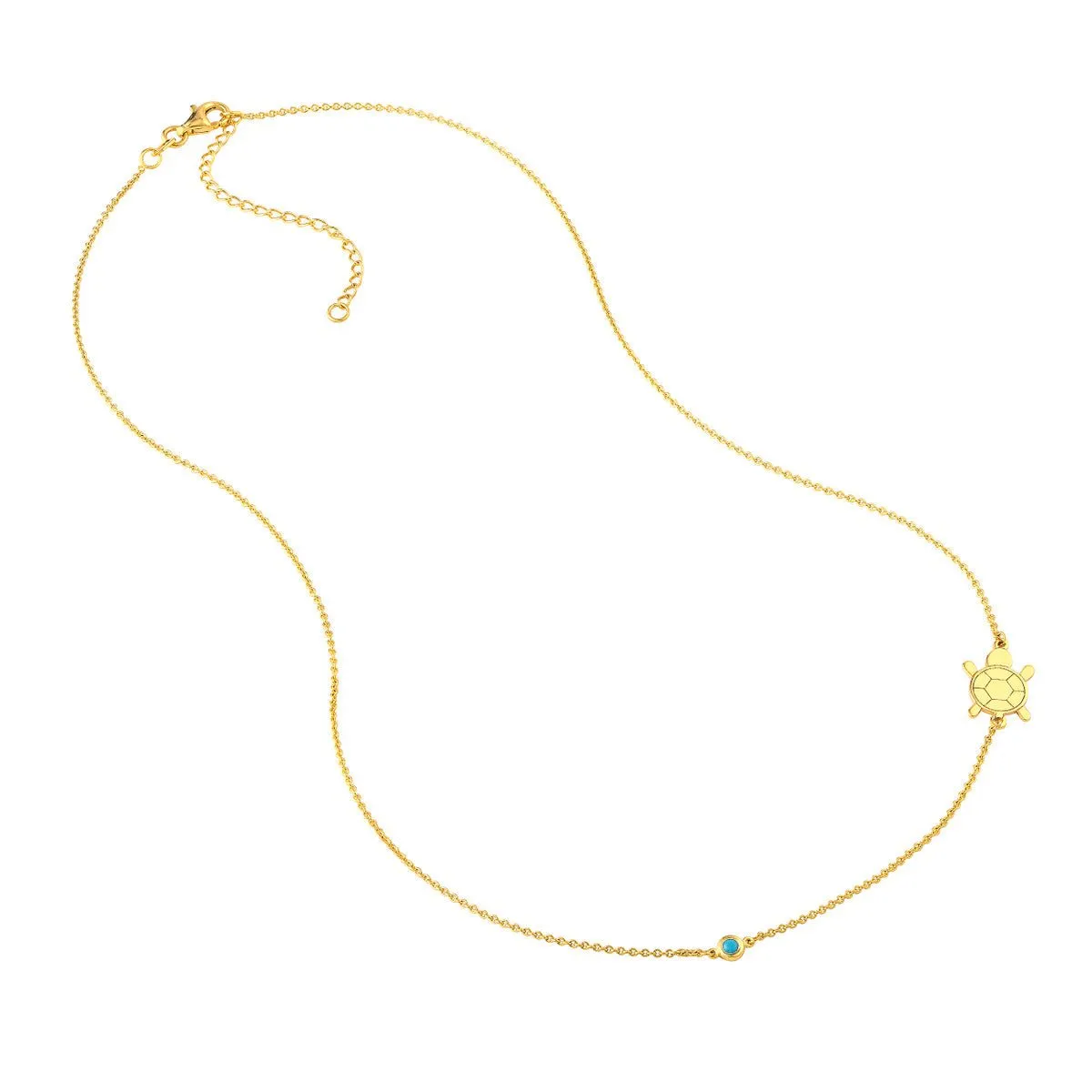 14K Yellow Gold Sideways Floating Turtle and Turq Bezel Necklace