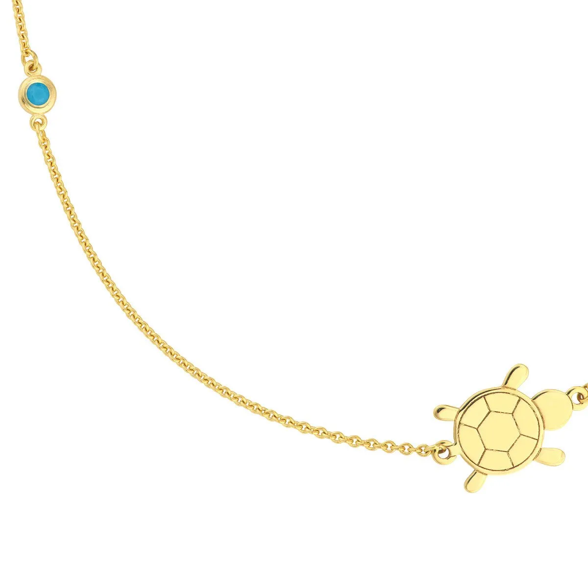 14K Yellow Gold Sideways Floating Turtle and Turq Bezel Necklace