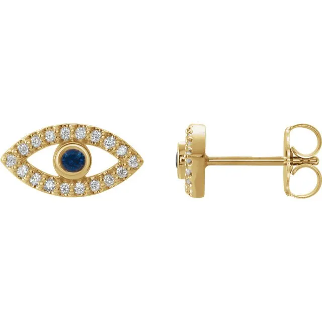 14KT GOLD .06 CTW SAPPHIRE AND .18 CTW DIAMOND EVIL EYE EARRINGS