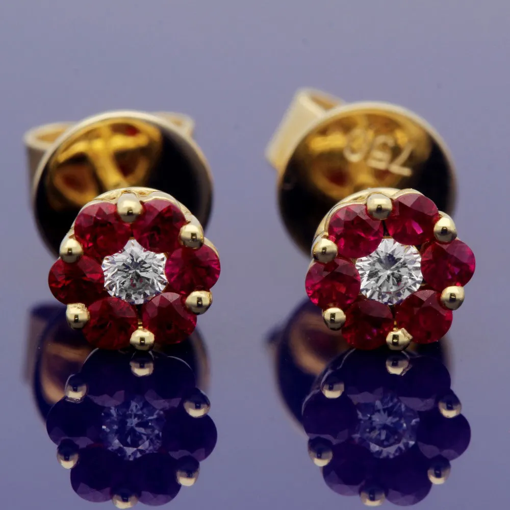 18ct Yellow Gold Ruby and Diamond Floral Cluster 6mm Stud Earrings