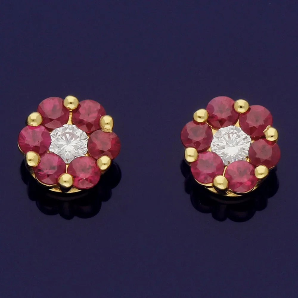 18ct Yellow Gold Ruby and Diamond Floral Cluster 6mm Stud Earrings