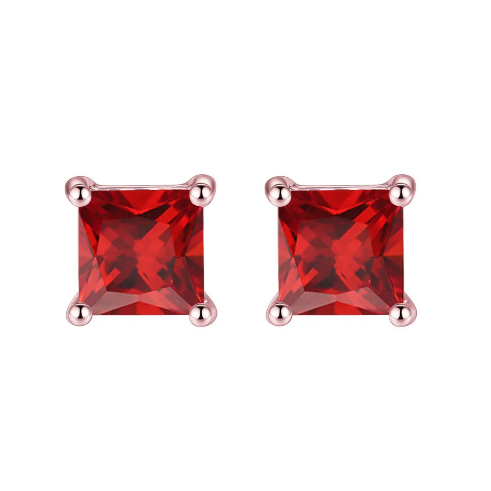 18k Rose Gold 1/4 Ct Ruby Princess Cut Stud Earrings 4mm Plated