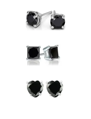 18k White Gold Black Moissanite 3 Pair Round, Square and Heart Stud Earrings Plated 6mm By Paris Jewelry