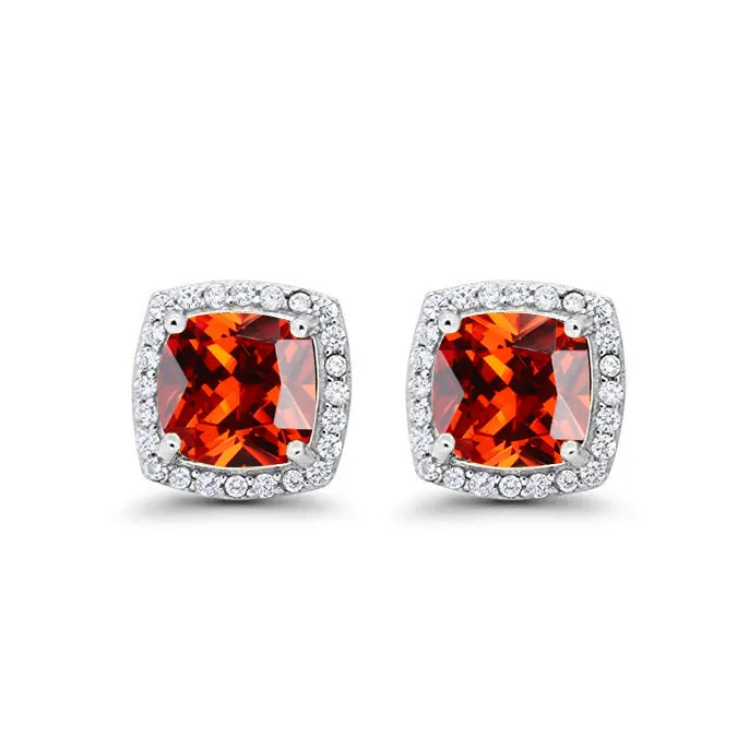 18k White Gold Plated 2 Ct Created Halo Princess Cut Ruby Stud Earrings