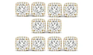 18k Yellow Gold 2Ct Cushion Cut White Sapphire Set Of Five Halo Stud Earrings Plated