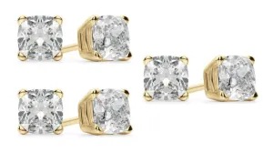 18k Yellow Gold 6mm 1Ct Cushion Cut White Sapphire Set Of Three Stud Earrings Plated