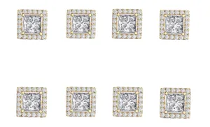 18k Yellow Gold Plated 1/2Ct Square Cut White Sapphire Set of Four Halo Stud Earrings