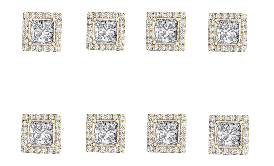 18k Yellow Gold Plated 1/2Ct Square Cut White Sapphire Set of Four Halo Stud Earrings